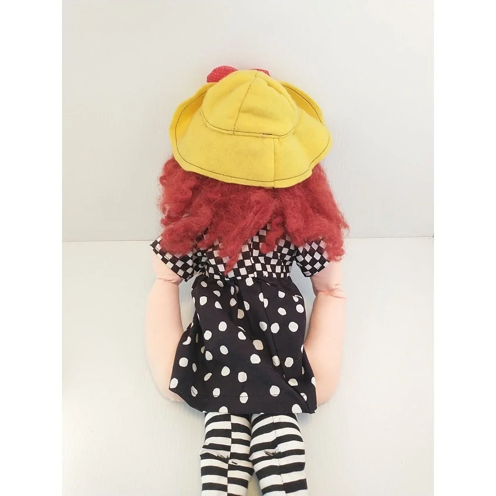 Vintage Handmade Madeline Cloth Doll Red Hair Yellow Hat Shoes Black White Dress